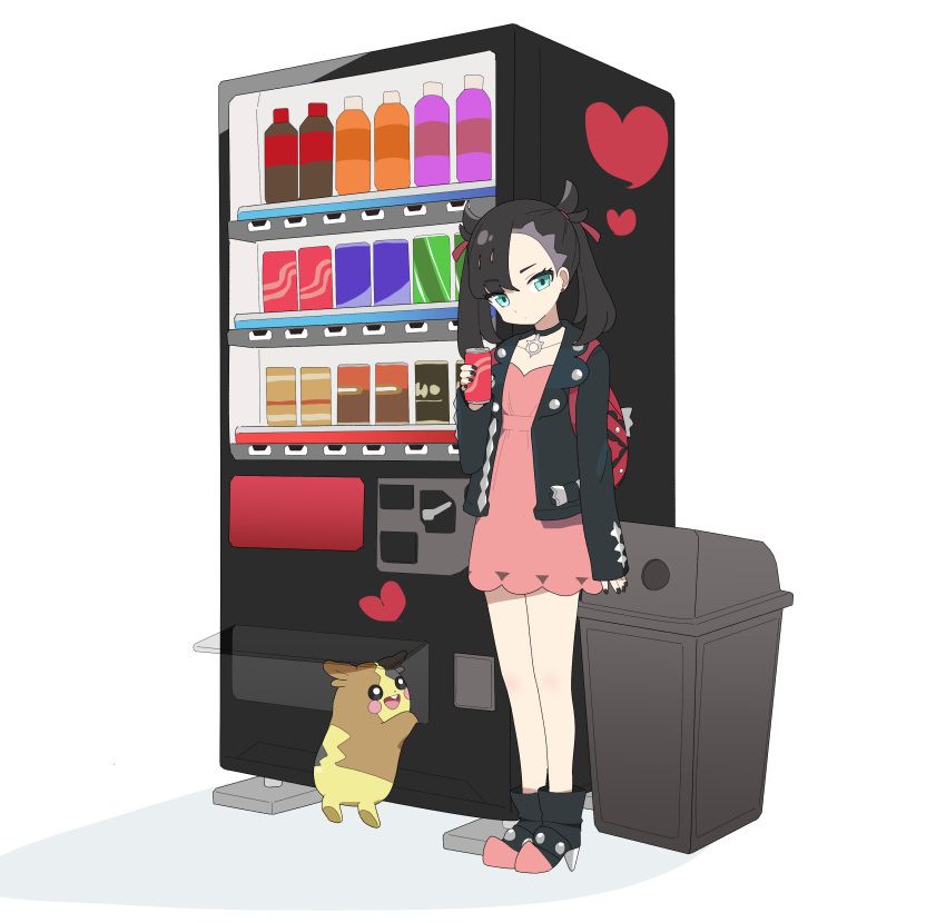 1girl absurdres ankle_boots asymmetrical_bangs backpack bag black_choker black_footwear black_hair black_jacket black_nails boots can choker closed_mouth collarbone commentary_request dress earrings eyelashes green_eyes hair_ribbon hand_up heart highres holding holding_can jacket jewelry long_sleeves marnie_(pokemon) morpeko morpeko_(full) nail_polish open_clothes open_jacket pink_dress pokemon pokemon_(creature) pokemon_(game) pokemon_swsh red_bag red_ribbon ribbon sleeves_past_wrists standing trash_can tsume-ken vending_machine