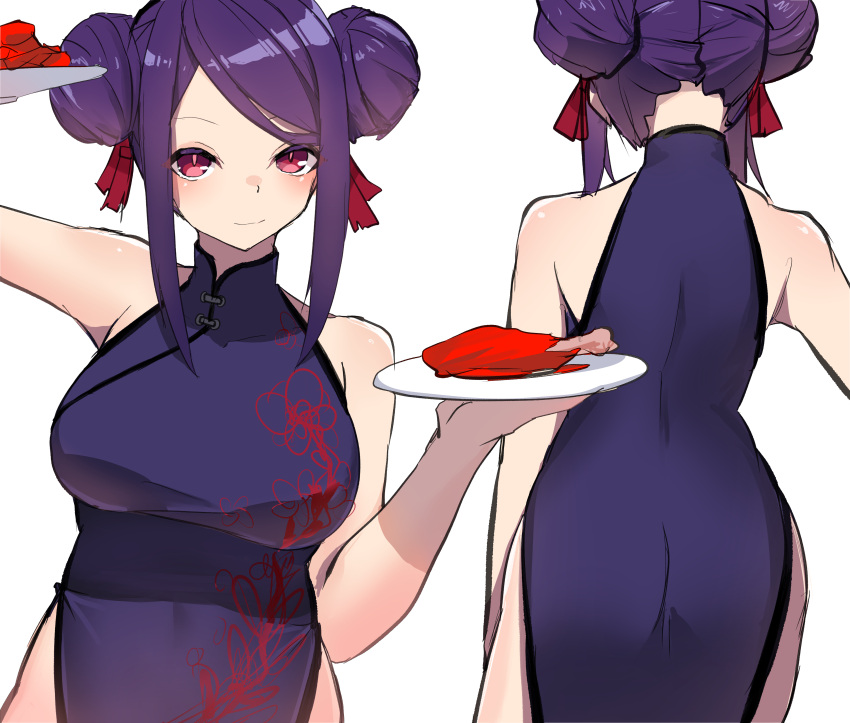 1girl absurdres alternate_costume alternate_hairstyle ass back blush breasts check_commentary china_dress chinese_clothes closed_mouth commentary_request double_bun dress food from_behind hair_bun hair_ribbon highres holding holding_plate jill_stingray large_breasts looking_at_viewer meat multiple_views plate purple_dress purple_hair red_eyes ribbon short_hair side_slit sidelocks simple_background sleeveless sleeveless_dress swept_bangs va-11_hall-a white_background yanagui