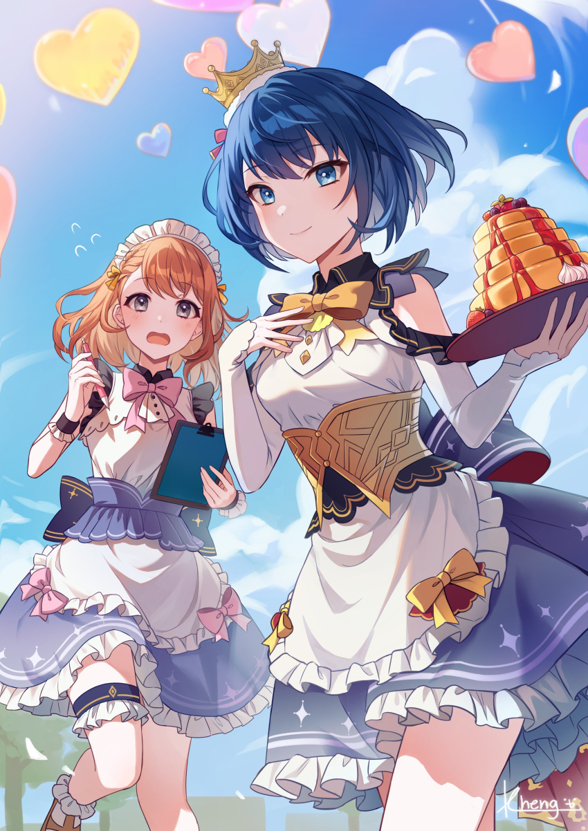 2girls absurdres apron arm_cutout balloon blue_hair blue_sky blush bow bowtie braid brown_hair clipboard cloud commentary_request corset crown dress flustered food frilled_skirt frills fruit grey_eyes hair_ribbon hanasato_minori heart_balloon highres holding holding_clipboard holding_pen holding_tray kheng_(k_heng1223) kiritani_haruka korean_commentary looking_at_viewer maid_headdress mini_crown multiple_girls open_mouth outdoors pancake pen pink_bow pink_bowtie project_sekai purple_skirt ribbon short_hair sidelocks skirt sky sleeveless sleeveless_dress smile standing standing_on_one_leg strawberry sweat swept_bangs thigh_strap tray whipped_cream white_apron yellow_bow yellow_ribbon