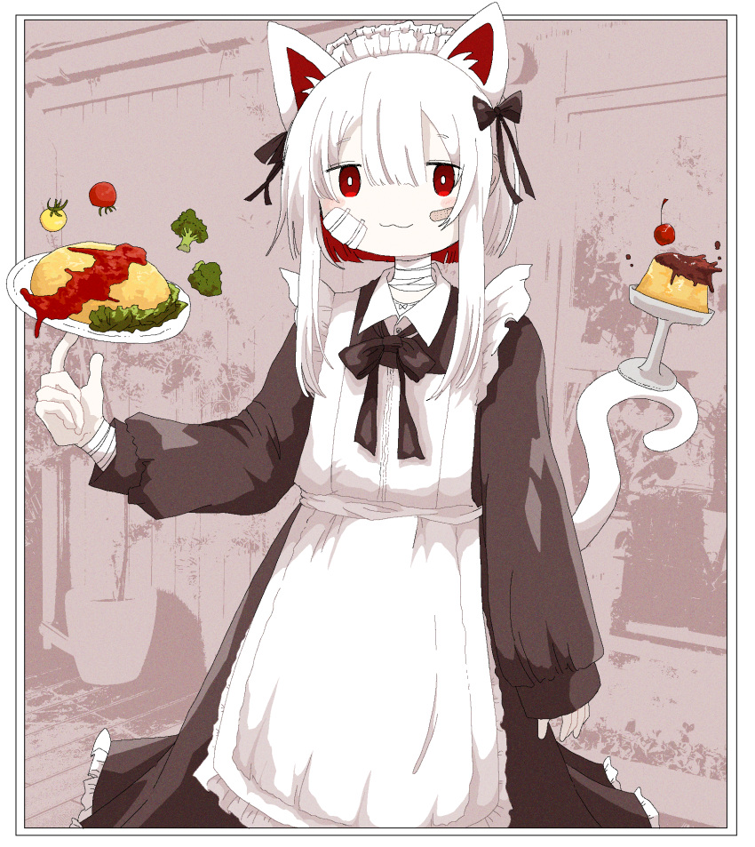 1girl :3 animal_ears apron arm_at_side ashi_izumo balancing bandaged_neck bandages bandaid bandaid_on_face black_bow black_dress blush_stickers border bow bright_pupils broccoli cat_ears cat_tail cherry closed_mouth double-parted_bangs dress feet_out_of_frame food frilled_apron frills fruit gauze gauze_on_face hair_bow hand_up highres holding holding_plate jitome ketchup long_dress long_sleeves looking_at_viewer maid_apron maid_headdress multicolored_hair omelet omurice original photo_background plate pudding red_eyes red_hair short_hair short_hair_with_long_locks smile solo standing tail two-tone_hair white_apron white_border white_hair white_pupils white_tail