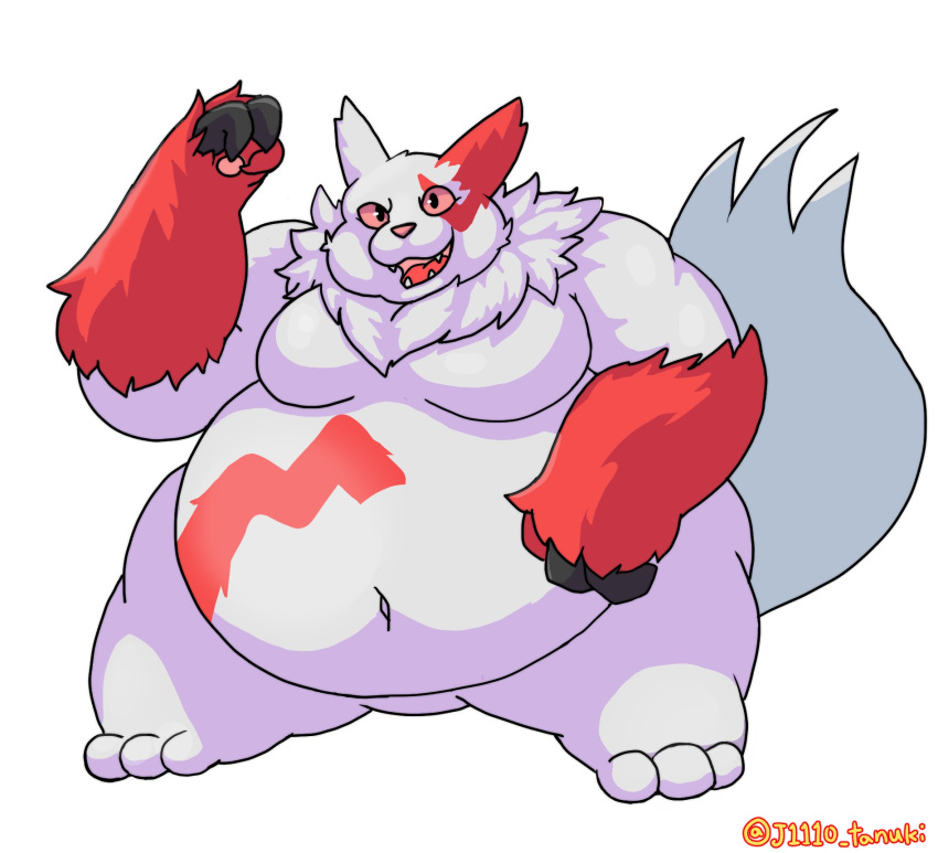 2022 3_toes anthro biped digital_media_(artwork) feet generation_3_pokemon hi_res j1110_tanuki male navel nintendo nude overweight pokemon pokemon_(species) simple_background smile solo thick_thighs toes wide_hips zangoose