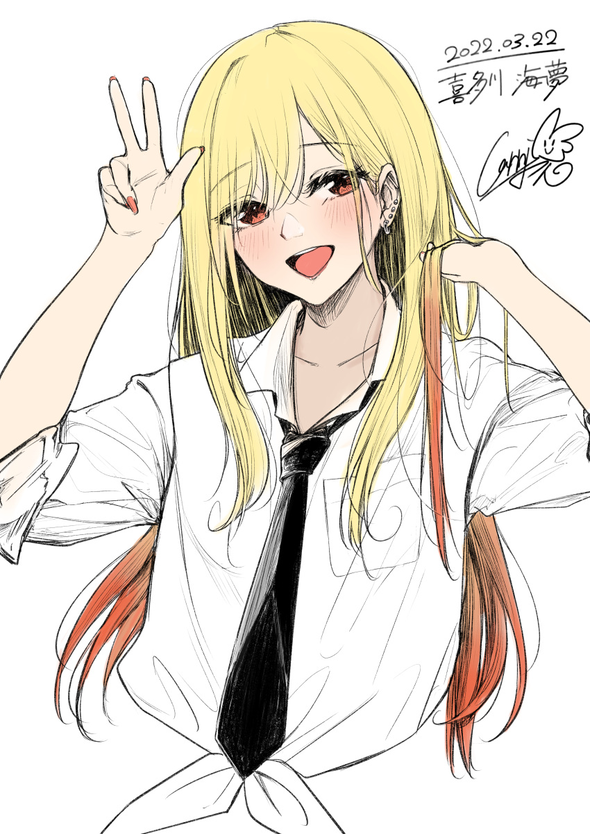 1girl 2022 :d absurdres black_necktie blonde_hair blush carrion1129 commentary_request cropped_torso dated dress_shirt ear_piercing earrings eyes_visible_through_hair fingernails gradient_hair gyaru hair_between_eyes hair_tucking hands_up highres jewelry kitagawa_marin kogal lips long_fingernails long_hair long_sleeves looking_at_viewer multicolored_hair nail_polish necktie open_mouth orange_eyes orange_hair orange_nails piercing round_teeth shirt signature simple_background sleeves_rolled_up smile solo sono_bisque_doll_wa_koi_wo_suru straight_hair stud_earrings teeth upper_teeth_only very_long_hair w white_background white_shirt wing_collar