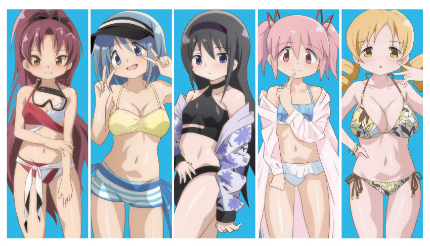 5girls akemi_homura bikini bikini_skirt black_hair blonde_hair blue_background blue_eyes blue_hair blush border bow breasts cleavage collarbone commentary_request contrapposto double_v drill_hair eye_contact finger_to_cheek groin hair_bow hair_ornament hair_ribbon hairband hand_on_hilt hand_on_own_stomach hateri highres kaname_madoka large_breasts long_hair looking_at_another looking_at_viewer mahou_shoujo_madoka_magica medium_breasts medium_hair miki_sayaka multiple_girls navel open_mouth pink_eyes pink_hair ponytail print_bikini purple_eyes red_eyes red_hair ribbon sakura_kyouko short_hair short_shorts short_twintails shorts side-tie_bikini_bottom small_breasts smile standing striped swimsuit thighs tomoe_mami twin_drills twintails v very_long_hair visor_cap white_bikini white_border yellow_bikini yellow_eyes