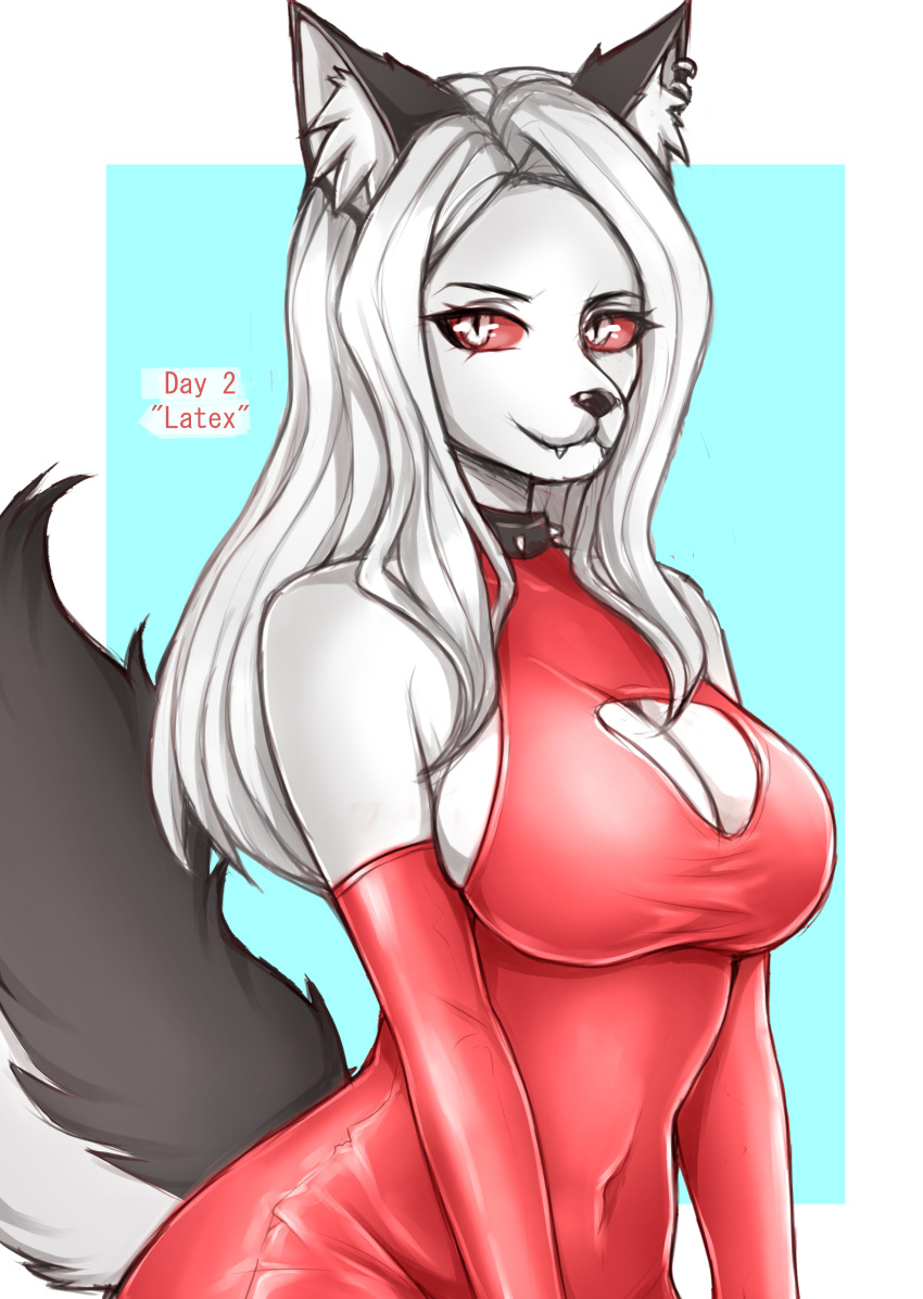 absurd_res anthro big_breasts black_tail breasts canid canid_demon canine canis choker clothed clothing collar demon digital_media_(artwork) dolohova_(artist) dress ear_piercing english_text female fluffy fluffy_ears fluffy_tail fur gloves grey_body grey_fur hair handwear hellhound helluva_boss hi_res huge_breasts jewelry kinktober latex long_hair looking_at_viewer loona_(helluva_boss) mammal necklace piercing portrait red_sclera rubber rubber_clothing rubber_suit simple_background sketch smile solo solo_focus tail teeth text tuft white_body white_eyes white_fur white_hair wolf