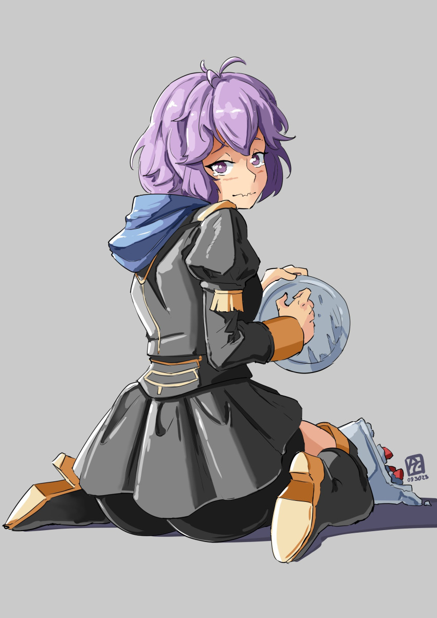 1girl accident ass automatic_giraffe bernadetta_von_varley bike_shorts black_coat black_footwear black_shorts black_skirt boots coat dated fire_emblem fire_emblem:_three_houses food garreg_mach_monastery_uniform gold_trim grey_background highres holding holding_plate hood hoodie long_sleeves looking_back plate purple_eyes purple_hair seiza short_hair shorts simple_background sitting skirt solo tearing_up thigh_boots wavy_mouth