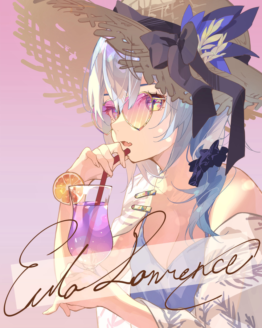 1girl absurdres blue_camisole blue_hair breasts camisole character_name cleavage clothes_pin cup cursive eula_(genshin_impact) food fruit genshin_impact gradient_background hair_between_eyes hair_ornament hair_scrunchie hat hat_ornament hat_ribbon heart heart-shaped_eyewear highres holding holding_cup holding_straw lemon lemon_slice looking_at_viewer medium_breasts medium_hair multicolored_eyes oriori_0201 pink_background rainbow-tinted_eyewear ribbon scrunchie sidelocks simple_background solo straw_hat sunglasses upper_body