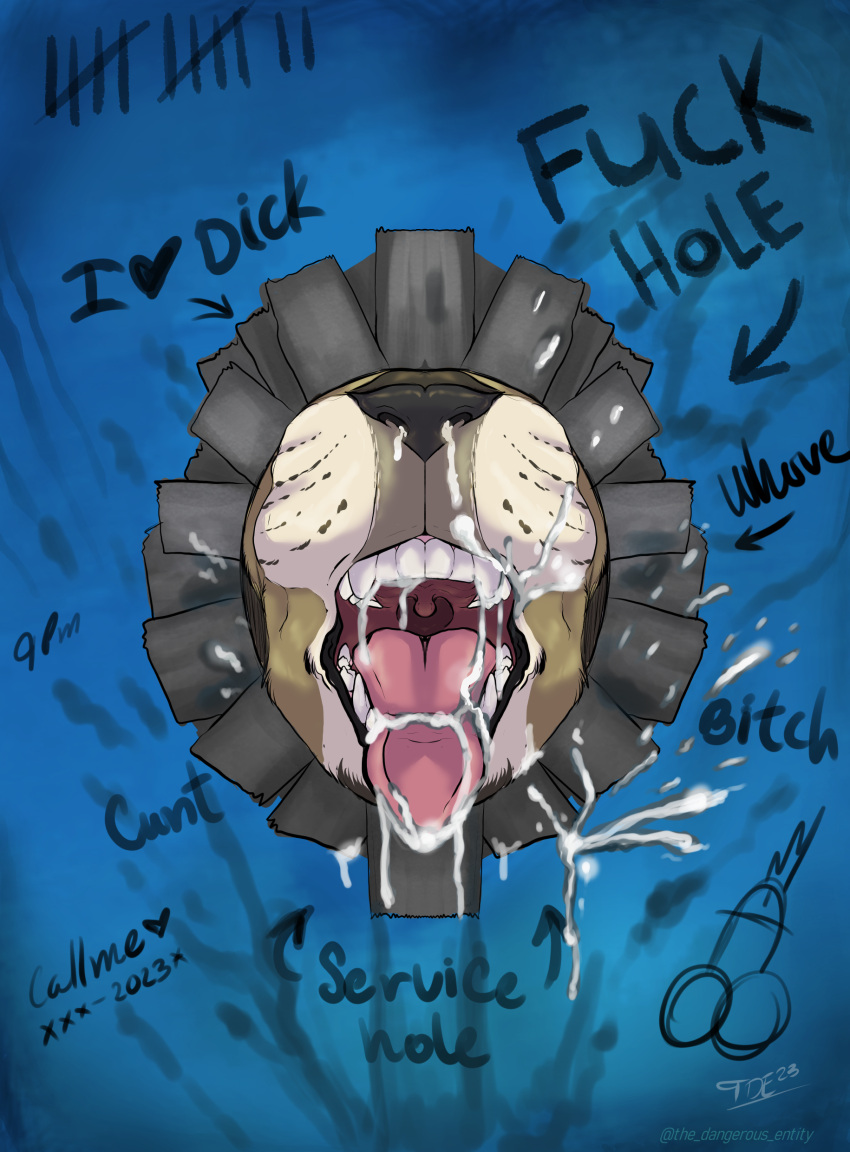 2023 absurd_res anthro bodily_fluids cum cum_drip cum_in_mouth cum_inside cum_on_face cumshot digital_drawing_(artwork) digital_media_(artwork) dripping ejaculation felid genital_fluids glory_hole hi_res leaking_cum lion male male/male mammal open_mouth pantherine public_use sex solo tally_marks the_dangerous_entity tongue western_tally_marks