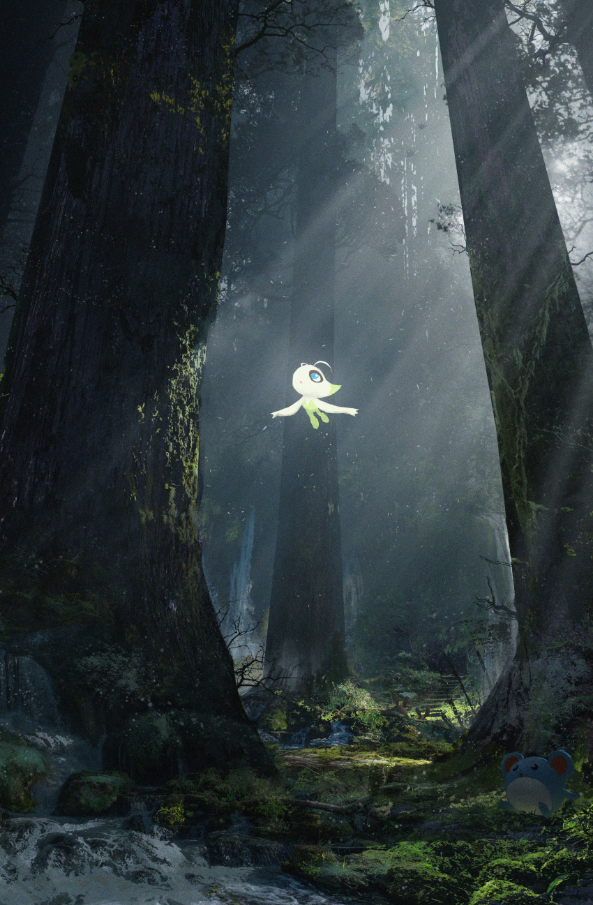 absurdres asteroid_ill celebi day forest grass highres landscape light_rays moss mudkip nature no_humans outdoors plant pokemon pokemon_(creature) scenery stream tree vines water