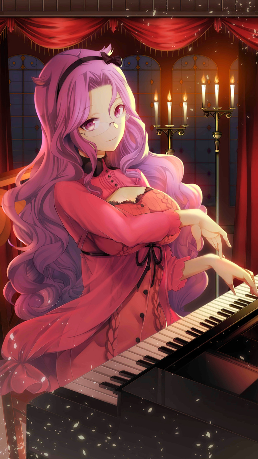 1girl black_hairband breasts candle candlestand cleavage cleavage_cutout closed_mouth clothing_cutout cowlick curly_hair dress girl_cafe_gun glasses hair_intakes hairband highres indoors instrument long_hair long_sleeves medium_breasts music night nola_moon_(girl_cafe_gun) official_art parted_bangs piano pink_dress playing_instrument playing_piano purple_eyes purple_hair red_curtains sitting smile solo upper_body very_long_hair window