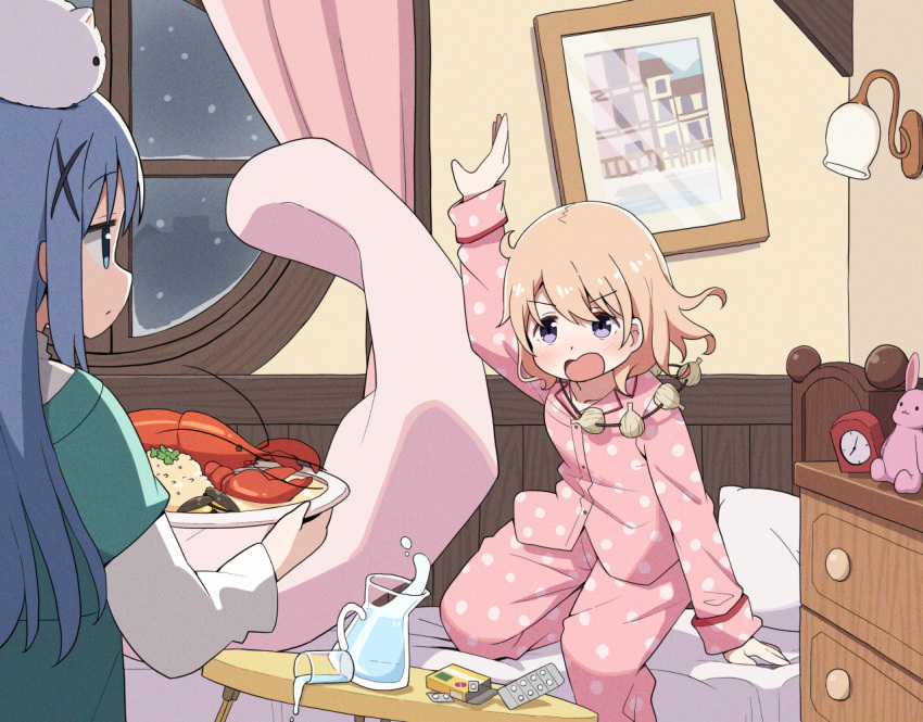 2girls bed bedroom blue_eyes blue_hair clock cup drawer food garlic gochuumon_wa_usagi_desu_ka? holding holding_plate hoto_cocoa kafuu_chino lobster long_sleeves medicine medicine_box mohei multiple_girls mussel open_mouth orange_hair pajamas picture_frame pink_pajamas pitcher_(container) plate polka_dot polka_dot_pajamas purple_eyes sleepwear snowing spill stuffed_animal stuffed_toy table tippy_(gochiusa) wall_lamp water window