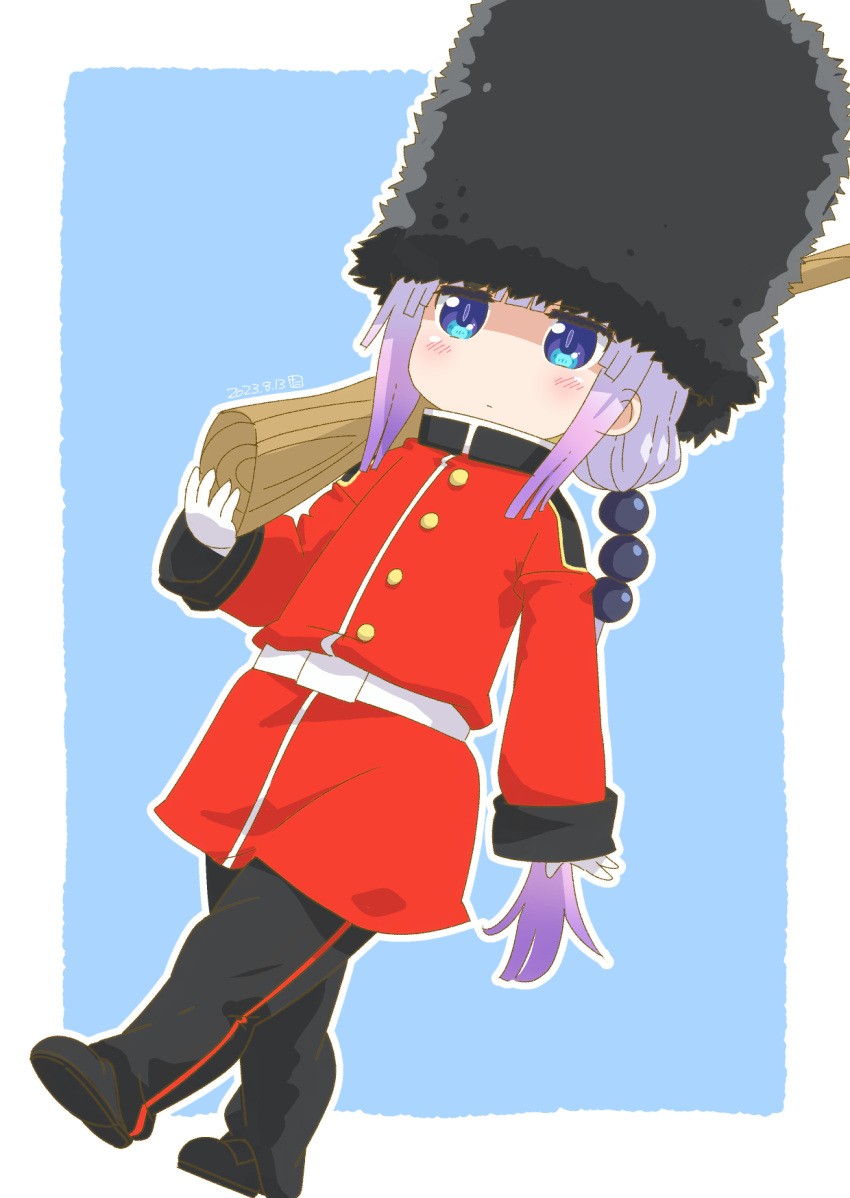 1girl beads bearskin_cap black_footwear black_headwear black_pants blue_eyes buckingham_palace coat dragon_girl gloves gradient_hair grenadier_guards gun hair_beads hair_ornament hairband highres holding holding_gun holding_weapon kanna_kamui kobayashi-san_chi_no_maidragon light_purple_hair low_twintails multicolored_hair pants purple_hair red_coat rifle samansa_ex solo toy_gun twintails weapon white_gloves