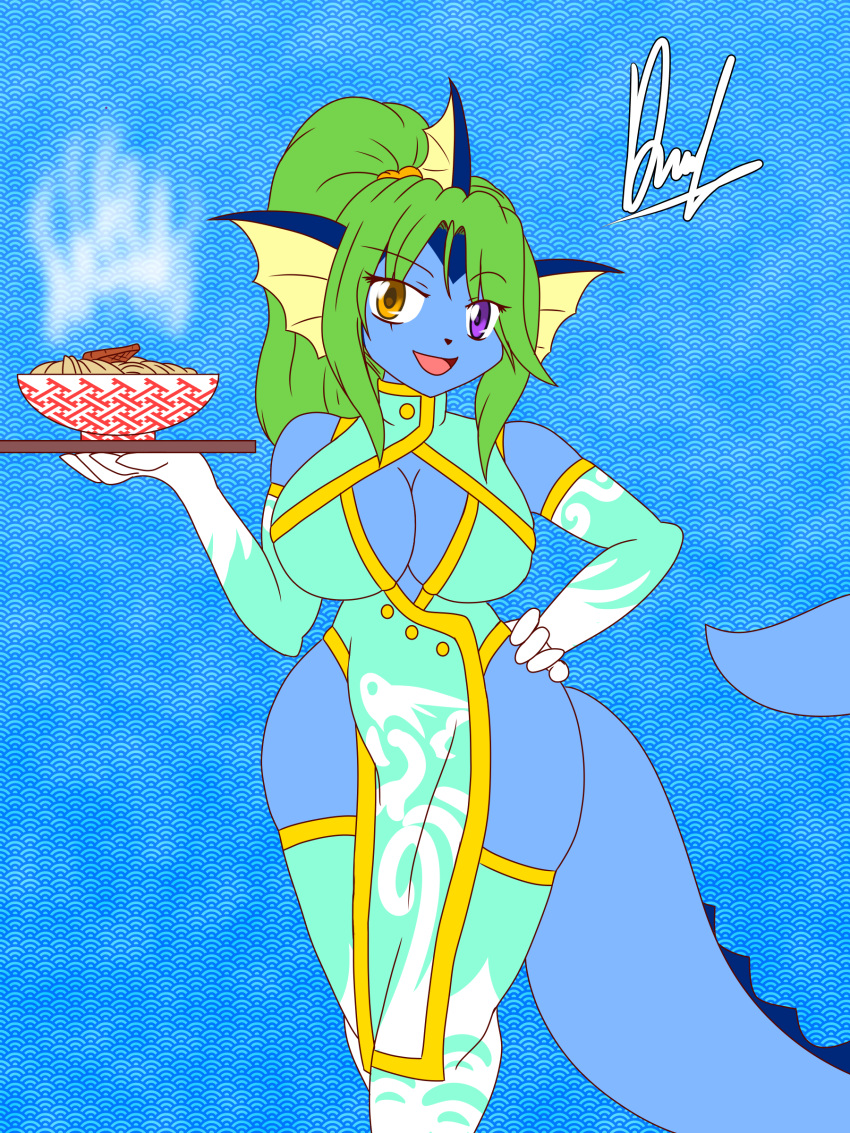 2022 3:4 absurd_res accessory amber_eyes anthro armwear asian_clothing big_breasts blue_body blue_skin breasts chinese_clothing chinese_dress cleavage_cutout clothing derthevaporeon dress east_asian_clothing eeveelution elbow_gloves female food footwear generation_1_pokemon gloves green_hair hair hair_accessory handwear heterochromia hi_res legwear nintendo noodles plate pokemon pokemon_(species) ponytail_(hair) purple_eyes ramen ramen_bowl smile smiling_at_viewer socks solo steam thigh_highs thigh_socks vaporeon wide_hips