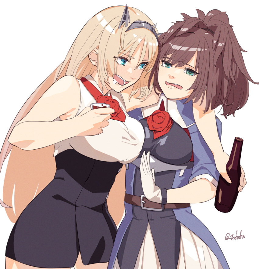 2girls alcohol arm_around_shoulder asymmetrical_docking bare_shoulders black_skirt blonde_hair blue_eyes blush bottle breast_press breasts brown_hair cup drunk flower fuwafuwatoufu gloves green_eyes headgear high-waist_skirt highres holding holding_cup kantai_collection large_breasts long_hair medium_breasts multiple_girls nelson_(kancolle) one-hour_drawing_challenge open_mouth ponytail red_flower red_rose rose saliva sheffield_(kancolle) simple_background skirt sleeveless twitter_username white_background white_gloves