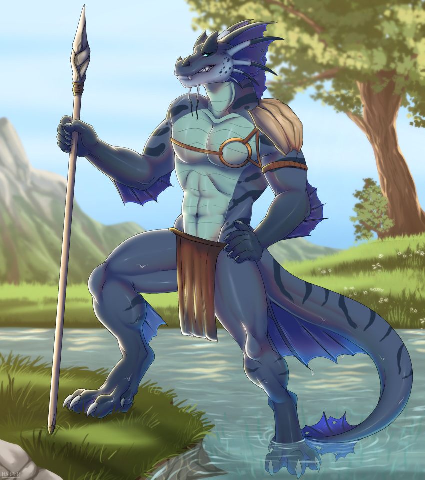 absurd_res anthro blue_body bottomwear clothing dragon grass_field grin hi_res kaitoharo99 levi_(seline) loincloth looking_at_viewer male melee_weapon pinup polearm pose riverbank shoulder_pads smile solo spear tribal water weapon