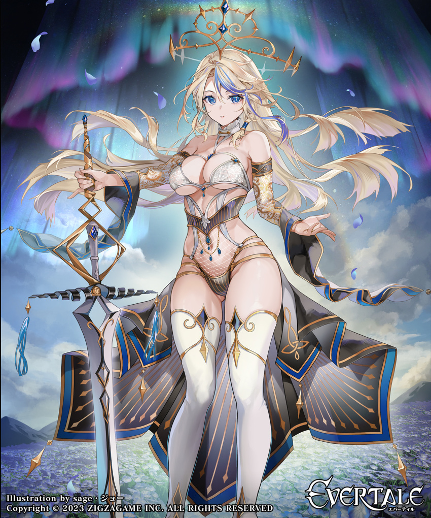 1girl aurora bare_shoulders blonde_hair blue_eyes blue_hair breasts character_request commentary_request copyright_name detached_sleeves evertale feet_out_of_frame highres large_breasts long_hair long_sleeves looking_at_viewer multicolored_hair navel official_art outdoors parted_lips sage_joh solo standing streaked_hair thighhighs thighs underboob weapon white_thighhighs