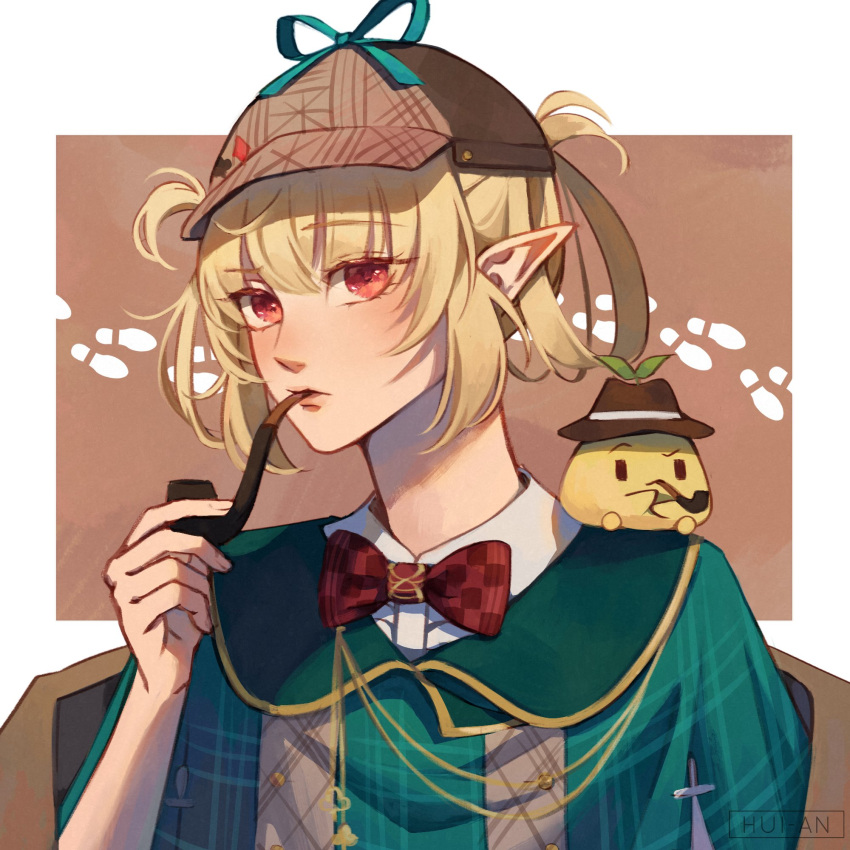 1girl blonde_hair bow bowtie brown_headwear checkered_bow checkered_bowtie checkered_clothes commentary deerstalker english_commentary hair_rings hat highres hui-an nijisanji nijisanji_en pointy_ears pomu_rainpuff pomu_rainpuff_(4th_costume) pomudachi_(pomu_rainpuff) red_bow red_bowtie red_eyes smoking_pipe solo virtual_youtuber