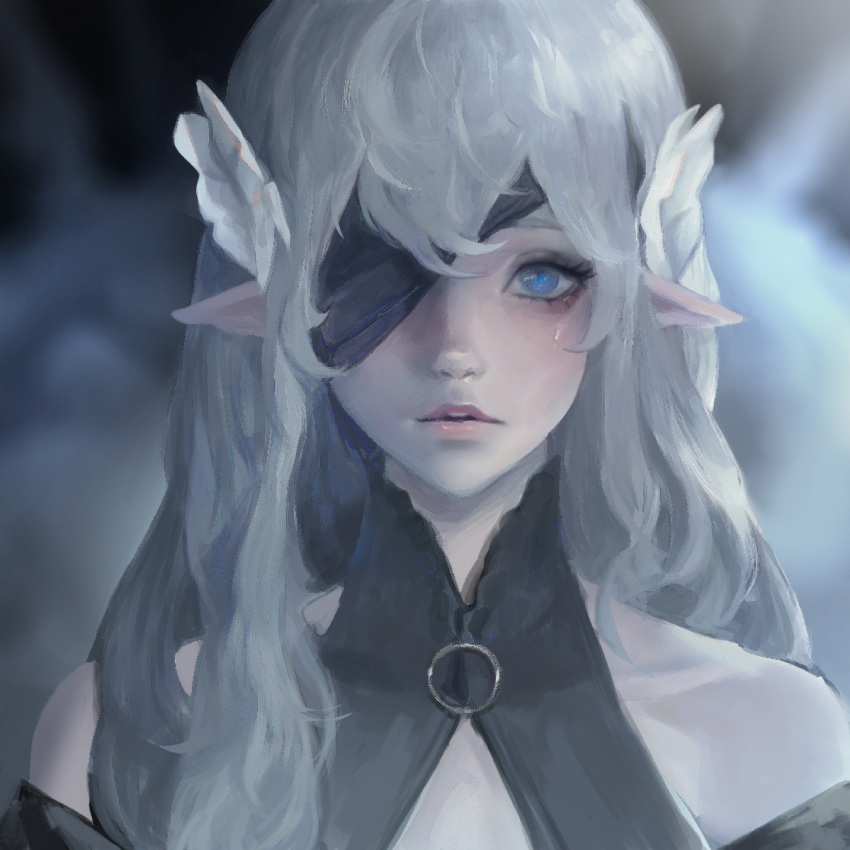1girl bare_shoulders blue_eyes commentary english_commentary eyepatch grey_hair hair_between_eyes hair_ornament highres lips long_hair looking_at_viewer one_eye_covered original parted_lips pointy_ears portrait seuyan solo tears teeth upper_teeth_only