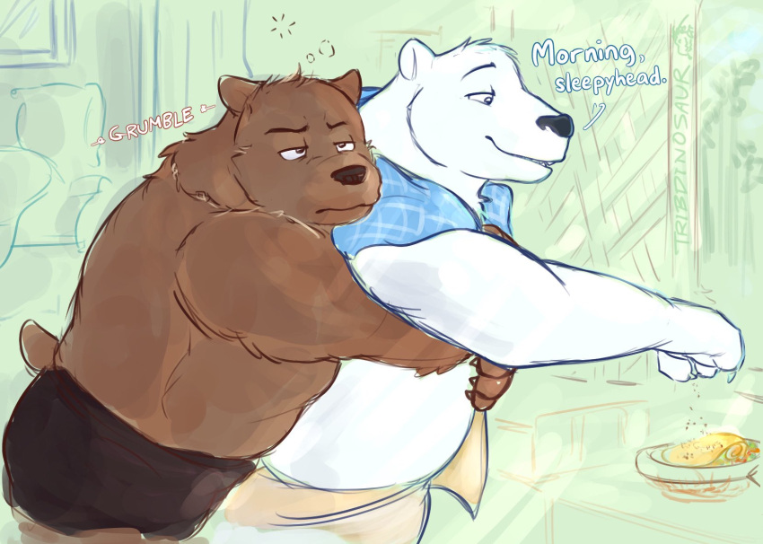 2023 anthro bear black_nose brown_body clothing cooking dialogue duo embrace english_text grizzly_(shirokuma_cafe) hi_res hug hugging_from_behind male male/male mammal overweight overweight_male polar_bear shirokuma shirokuma_cafe text tired tribdinosaur underwear ursine white_body