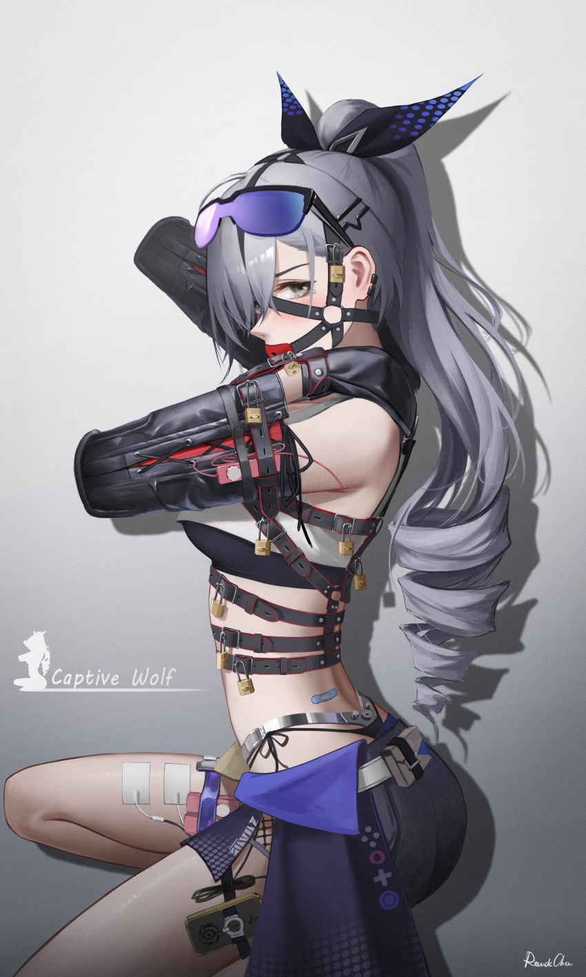 1girl absurdres ball_gag bandaid bdsm bondage_mittens bound bound_arms breasts chastity_belt drill_hair drill_ponytail earrings electrostimulation eyewear_on_head gag gradient_background grey_background grey_eyes grey_hair hair_ornament hair_ribbon hairclip highres honkai:_star_rail honkai_(series) jewelry kneeling lock long_hair looking_at_viewer medium_breasts padlock ponytail ribbon roundschen shorts signature silver_wolf_(honkai:_star_rail) solo sunglasses vibrator_in_thigh_strap