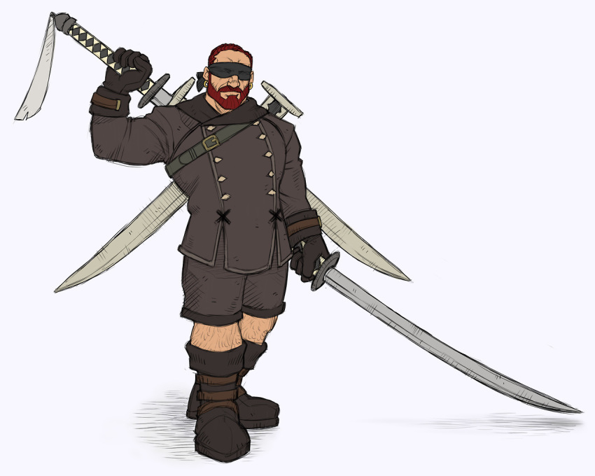 1boy avatar_(ff14) bara beard black_blindfold black_gloves blindfold boots cosplay dual_wielding earrings facial_hair final_fantasy final_fantasy_xiv full_body gloves growlygruntz holding holding_sword holding_weapon jacket jewelry leg_hair long_sleeves male_focus muscular muscular_male nier:automata nier_(series) pectorals roegadyn short_hair shorts solo standing sword weapon yorha_no._9_type_s yorha_no._9_type_s_(cosplay)