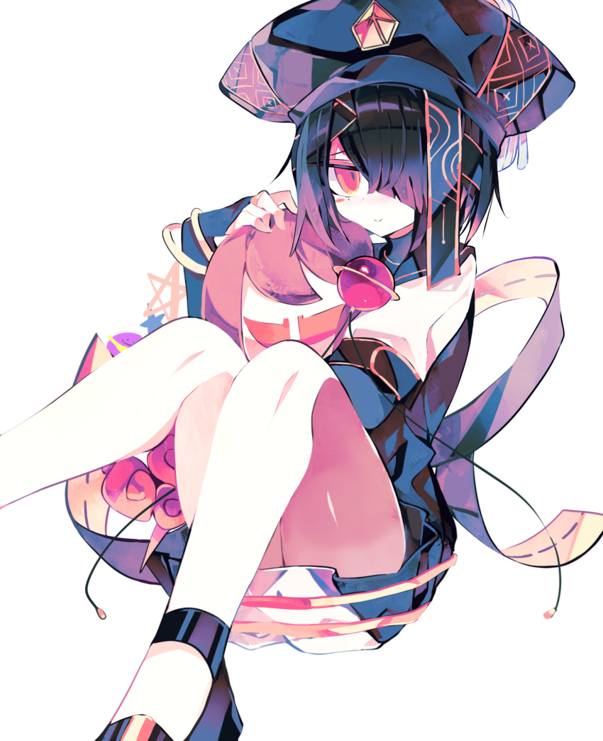 1girl bare_legs black_footwear black_hair blue_headwear blush bridal_gauntlets character_doll chinese_clothes closed_mouth commentary_request doll fate/grand_order fate_(series) foot_out_of_frame hair_ornament hair_over_one_eye hair_stick high_heels highres holding holding_doll knees_up long_sleeves looking_at_viewer meto_(metrin) mole mole_under_eye orb red_eyes robe simple_background sitting smile solo straight_hair tassel teppeki_skirt turtleneck white_background white_robe xu_fu_(fate)