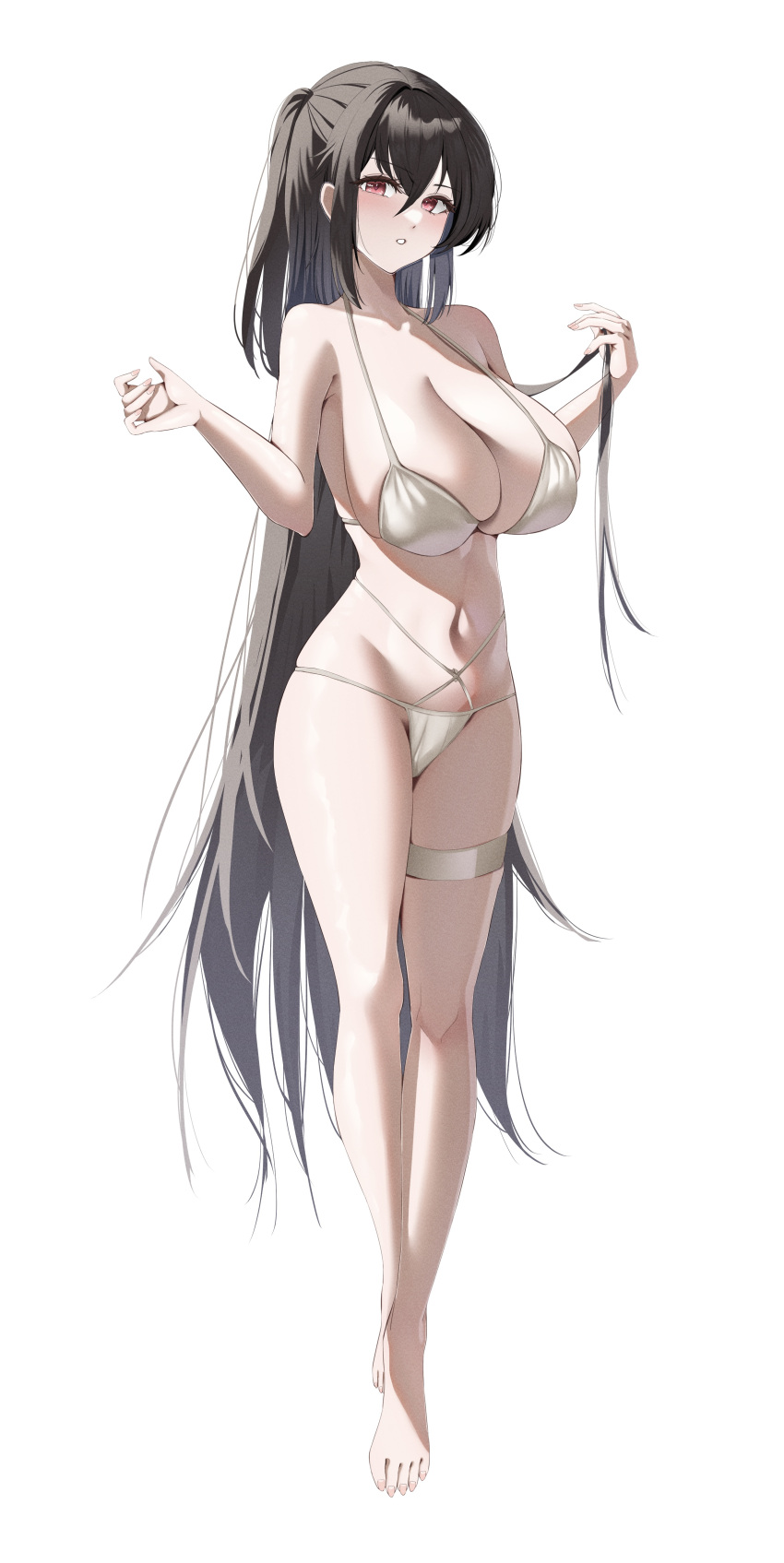 1girl absurdres azur_lane bare_shoulders barefoot bikini black_hair breasts cleavage collarbone crossed_bangs feet full_body hair_between_eyes highres huge_breasts katagirinanoka legs long_hair looking_at_viewer navel official_alternate_costume one_side_up parted_lips red_eyes solo swimsuit taihou_(azur_lane) taihou_(seaside_daydreams)_(azur_lane) thighs toenails toes white_bikini