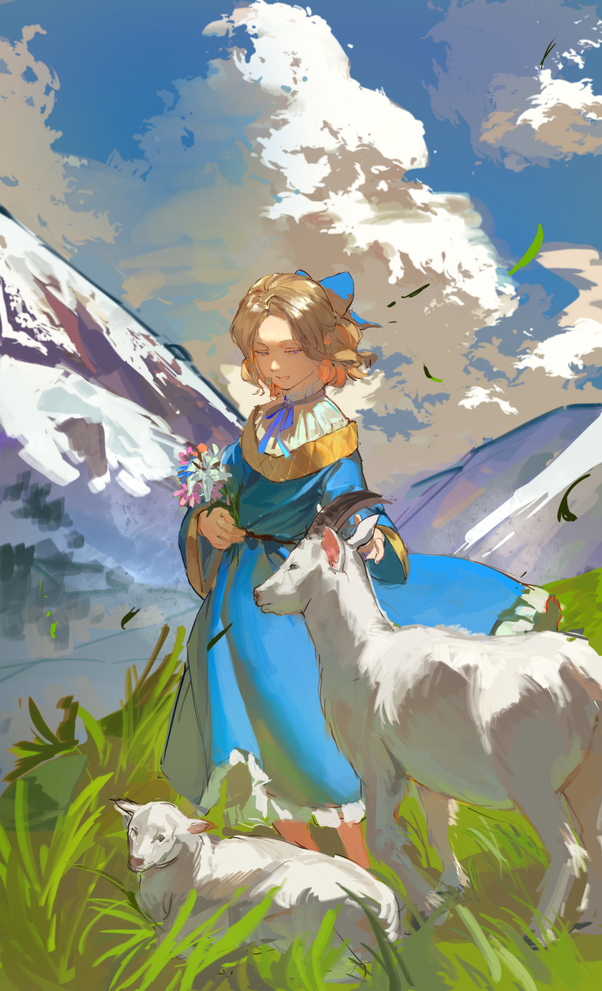 1boy absurdres aged_down androgynous animal axis_powers_hetalia blonde_hair blue_eyes blue_flower blue_ribbon blue_rose child cloud commentary_request day flower france_(hetalia) goat gold_trim grass half-closed_eyes half_updo highres holding holding_flower long_sleeves looking_at_animal male_child male_focus mountainous_horizon nature neck_ribbon outdoors petting ribbon rose sash shirt short_hair smile standing white_shirt wind zhongerweiyuan