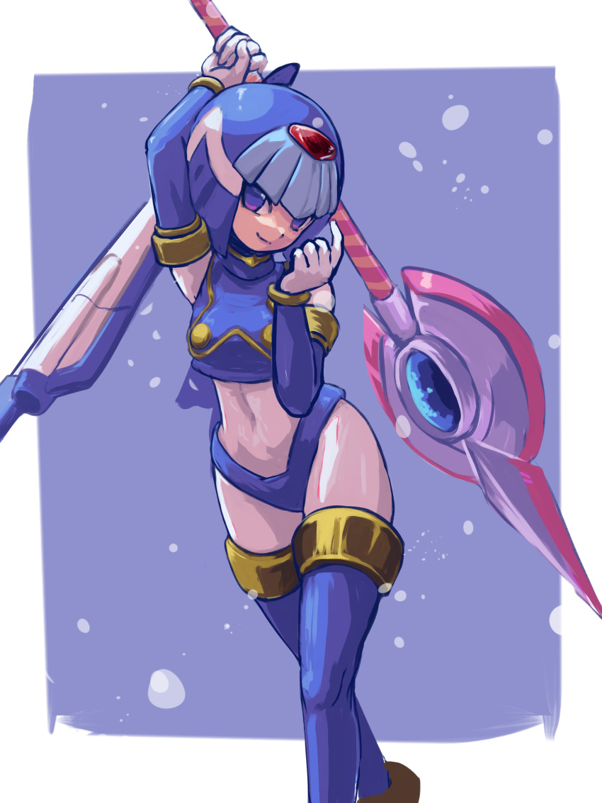 1girl android arm_up armpits blue_background blue_eyes boots breasts closed_mouth curvy framed gloves helmet highres holding holding_polearm holding_weapon kureikyo1031 leviathan_(mega_man) looking_at_viewer mega_man_(series) mega_man_zero_(series) polearm robot robot_girl smile solo spear standing thigh_boots thighhighs weapon white_gloves