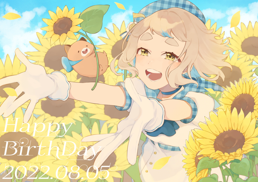 1girl absurdres arata_(user_jjxc7843) beret blue_choker blue_hair blue_headwear choker cloud cloudy_sky dated dress flower gloves gonzalez_(machita_chima) hamster happy_birthday hat highres holding holding_flower light_brown_hair machita_chima multicolored_hair nijisanji open_mouth petals plaid_sailor_collar puffy_short_sleeves puffy_sleeves sailor_collar short_bangs short_eyebrows short_hair short_sleeves sky sunflower thick_eyebrows white_dress white_gloves yellow_eyes