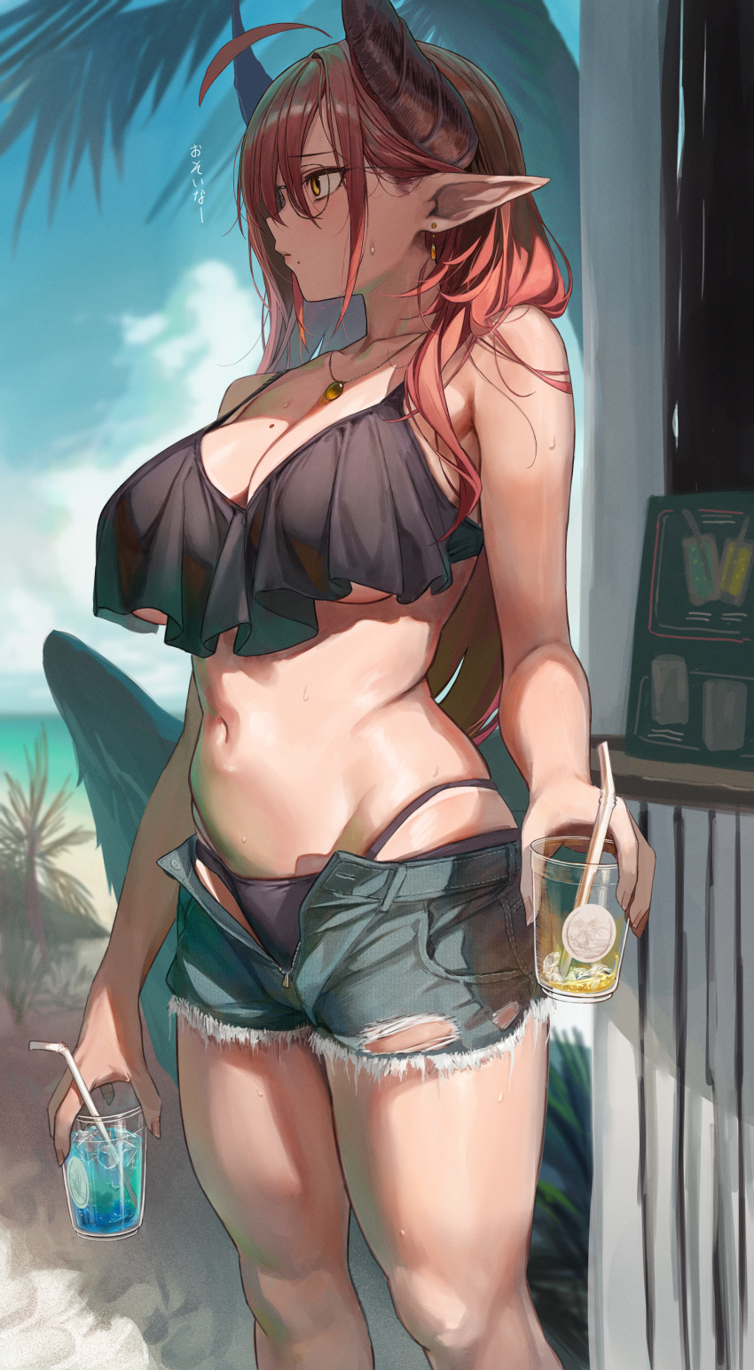 1girl absurdres bikini black_wings blue_sky breasts cloud collarbone commentary_request cup day denim denim_shorts drink drinking_straw earrings feathered_wings glass glasses highres holding holding_cup horns isabella_(marse) jewelry large_breasts long_hair marse_(rokudaime) mole mole_on_breast mole_under_mouth navel necklace original outdoors pointy_ears red_hair shade shorts skindentation sky solo standing stomach sweat swimsuit thighs translated unzipped wings yellow_eyes