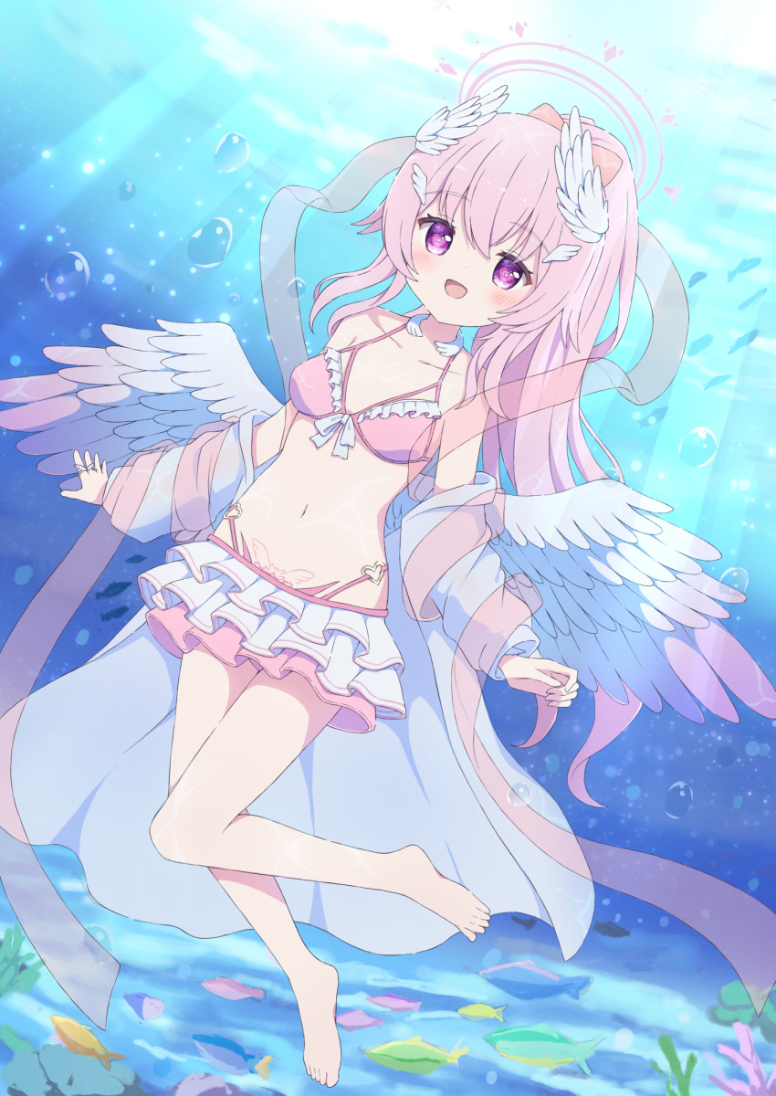 1girl :d bare_shoulders barefoot bikini bikini_skirt blush bow caustics collarbone commission coral feathered_wings fish frilled_bikini frills full_body gradient_wings hair_between_eyes hair_bow halo head_wings highleg highleg_bikini highres knees_together_feet_apart long_sleeves looking_at_viewer low_wings multicolored_wings navel off_shoulder open_mouth original pink_bikini pink_bow pink_hair pink_wings ponytail purple_eyes raised_eyebrows shirt shirt_partially_removed sidelocks skeb_commission skirt smile solo stomach sunlight swimsuit tropical_fish tyakomes underwater variant_set water_drop white_shirt white_skirt white_wings wings