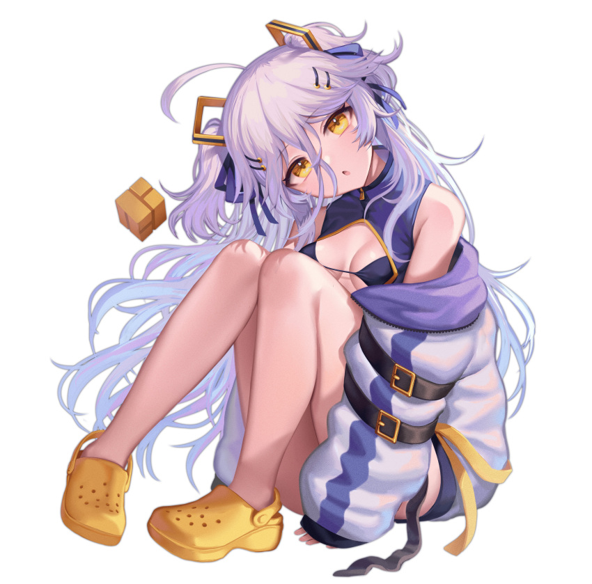 1girl :o absurdres ahoge arm_belt bare_shoulders black_bra blue_hair bra breasts bsapricot cleavage_cutout clothing_cutout crocs cube dress grey_hair hair_between_eyes hair_ornament hairpin head_tilt henya_the_genius highres jacket legs long_bangs long_hair long_sleeves looking_at_viewer multicolored_hair purple_dress purple_hair purple_hood purple_jacket rubik's_cube simple_background sitting sleeveless sleeveless_dress small_breasts solo string_bra two_side_up underwear very_long_hair virtual_youtuber vshojo white_background yellow_eyes yellow_footwear