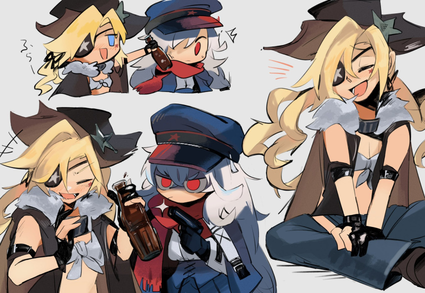 2girls black_gloves blonde_hair blue_eyes blush bottle cape chesed_(uporyz) chibi closed_eyes colt_revolver_(girls'_frontline) commentary_request cowboy_hat eyepatch facial_mark fur-trimmed_cape fur_trim girls'_frontline gloves grey_background gun hair_between_eyes handgun hat highres holding holding_bottle holding_gun holding_weapon long_hair makarov_(girls'_frontline) makarov_pm mod3_(girls'_frontline) multiple_girls multiple_views open_mouth partially_fingerless_gloves red_eyes red_scarf red_star scarf shirt simple_background sitting smile soda_bottle star_tattoo tattoo weapon white_hair white_shirt