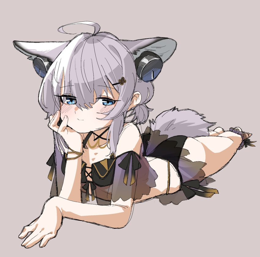 1girl ahoge animal_ear_fluff animal_ears arknights ass bare_shoulders bikini black_bikini blue_eyes blush breasts closed_mouth commentary_request fox_ears fox_girl fox_tail grey_background hair_between_eyes hand_up highres looking_at_viewer lying on_stomach purple_hair see-through shima_(wideshi_ma) simple_background small_breasts solo sussurro_(arknights) sussurro_(summer_flower)_(arknights) swimsuit tail