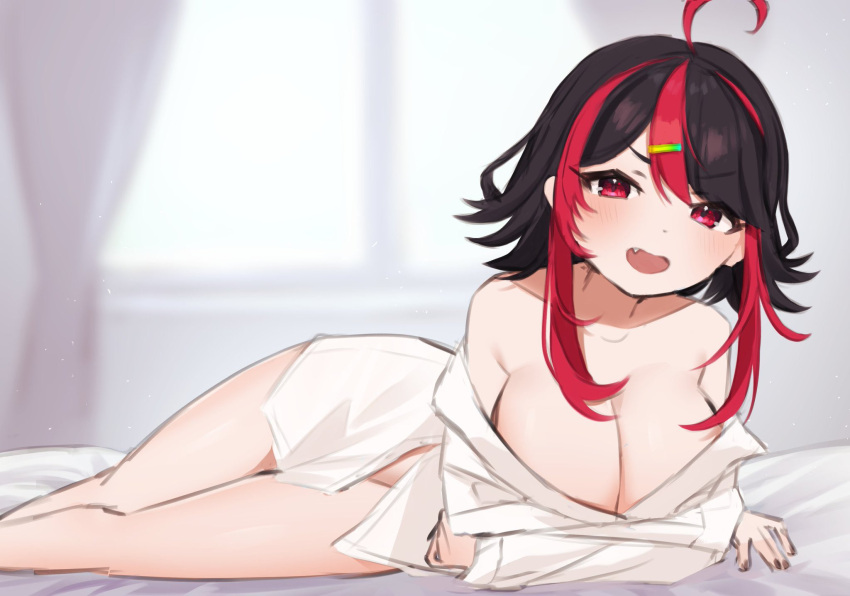 1girl ahoge black_hair black_nails breasts collared_shirt commentary english_commentary fang gx_aura hair_ornament hairclip highres inami_yoki_(artist) large_breasts long_hair lying multicolored_hair naked_shirt open_mouth opera_gx pink_eyes red_hair shirt smile solo streaked_hair white_shirt