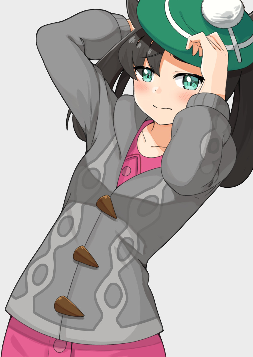 1girl absurdres black_hair blush buttons cardigan closed_mouth collared_dress commentary_request cosplay dress gloria_(pokemon) gloria_(pokemon)_(cosplay) green_eyes green_headwear grey_cardigan hands_on_headwear hat highres marnie_(pokemon) negimiso1989 pink_dress pokemon pokemon_(game) pokemon_swsh simple_background solo tam_o'_shanter