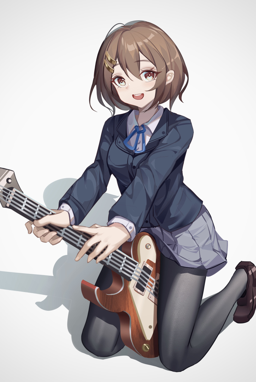 1girl :d absurdres black_pantyhose blazer blue_jacket blue_ribbon brown_eyes brown_footwear brown_hair collared_shirt commentary_request electric_guitar grey_skirt guitar hair_between_eyes hair_ornament hairclip highres hirasawa_yui holding holding_instrument instrument jacket k-on! kneeling loafers luai neck_ribbon open_mouth pantyhose ribbon sakuragaoka_high_school_uniform school_uniform shadow shirt shoes short_hair simple_background skirt smile solo teeth upper_teeth_only white_background white_shirt winter_uniform