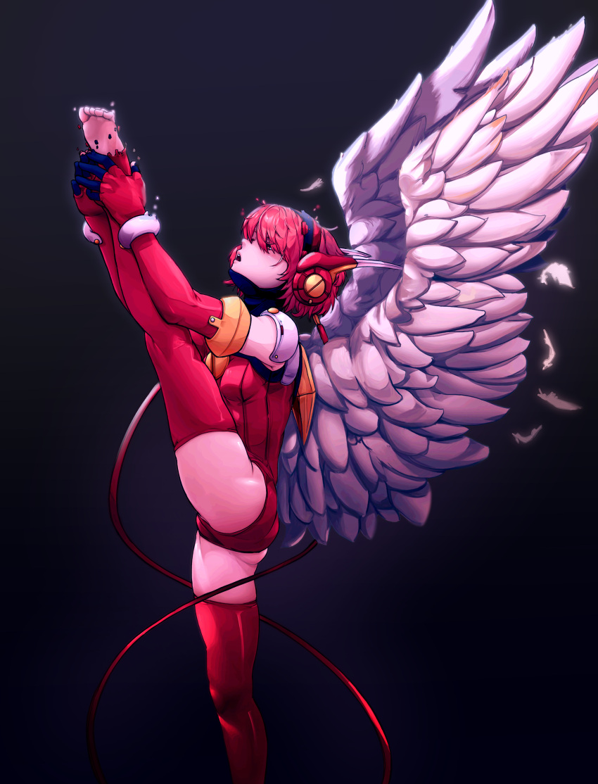 1girl 2049_(hh5566) absurdres angel_wings angelic_layer ass battle_damage elbow_gloves feathers gloves hand_on_own_foot headgear highres hikaru_(angelic_layer) leotard looking_up open_mouth pink_hair red_gloves red_leotard red_thighhighs short_hair solo standing standing_on_one_leg thighhighs torn_footwear white_feathers white_wings wings