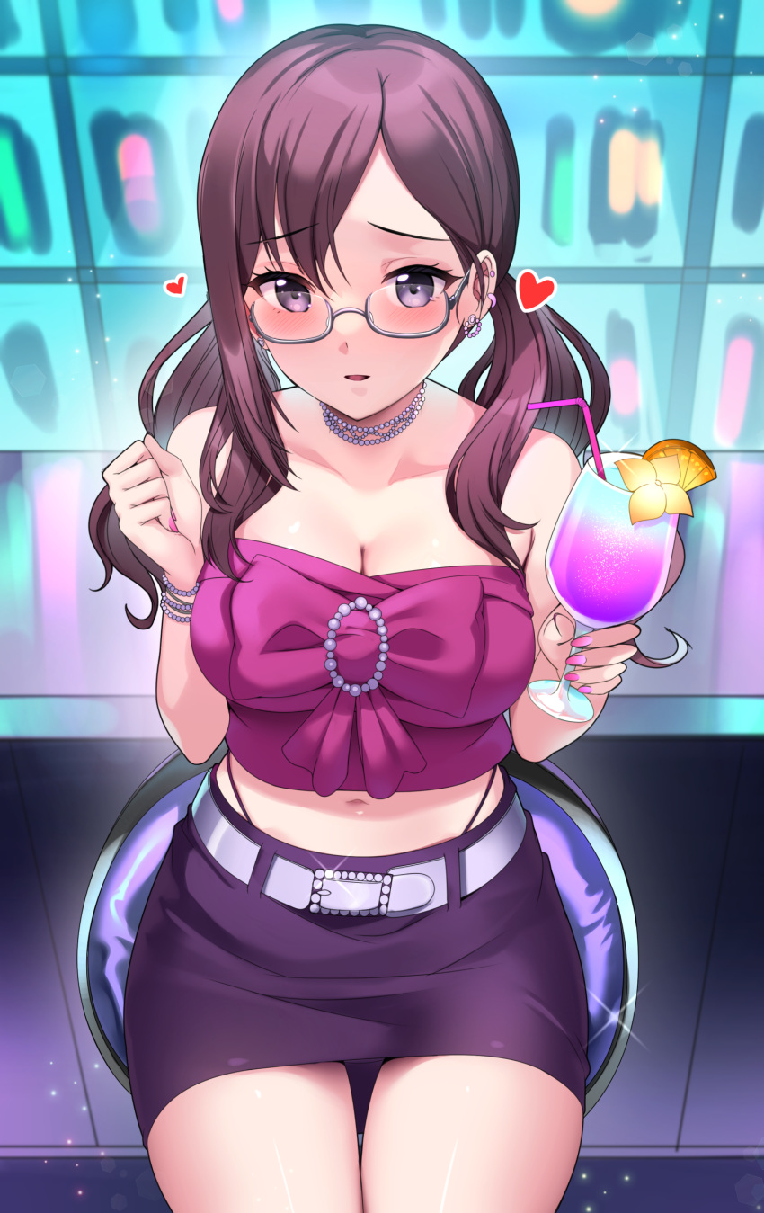1girl absurdres arms_up belt blush bracelet breasts brown_hair choker cleavage cocktail_glass collarbone commentary cowboy_shot crop_top cup drink drinking_glass drinking_straw earrings food fruit glasses heart highres idolmaster idolmaster_cinderella_girls jewelry large_breasts looking_at_viewer low_twintails manicure midriff miniskirt nail_polish on_stool orange_(fruit) orange_slice parted_lips pink_nails purple_eyes rumo shirt sitting skirt solo strapless strapless_shirt twintails yagami_makino