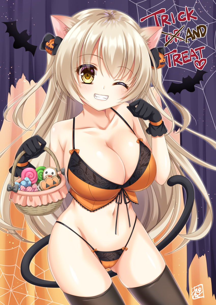 1girl animal_ears basket bat_(animal) blonde_hair blush bow breasts camisole candy cat_ears cat_tail cleavage food gloves grin groin hair_bow hair_ornament halloween halterneck highres holding holding_basket jack-o'-lantern jack-o'-lantern_hair_ornament kkurumi large_breasts lingerie long_hair microskirt navel one_eye_closed original panties paw_pose see-through see-through_skirt silk skirt smile solo spider_web tail thighhighs trick_or_treat two_side_up underwear very_long_hair yellow_eyes