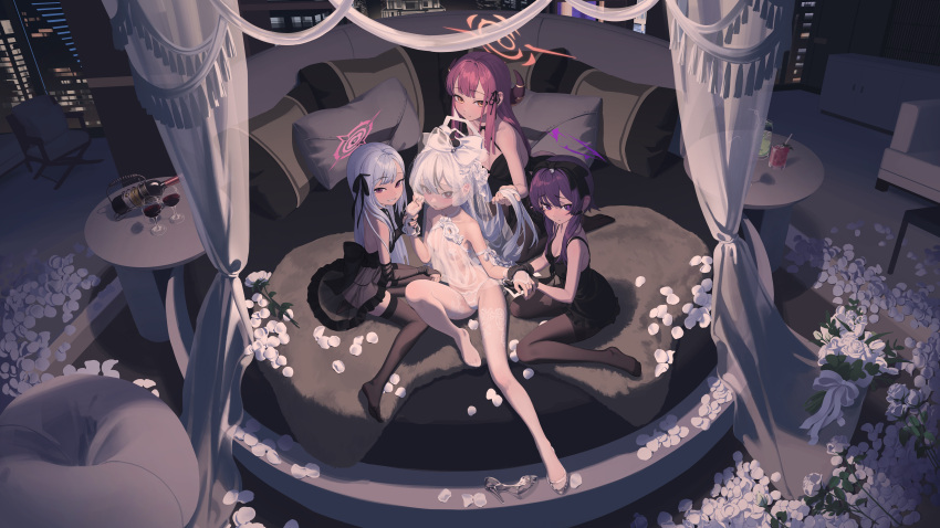 4girls absurdres aru_(blue_archive) black_dress blue_archive dress from_above grey_hair halo haruka_(blue_archive) high_heels highres indoors kayoko_(blue_archive) long_hair multiple_girls mutsuki_(blue_archive) no_shoes pantyhose pink_hair purple_eyes rui_(rei_leyi) see-through shoes shoes_removed single_shoe sitting thighhighs very_long_hair white_hair white_thighhighs