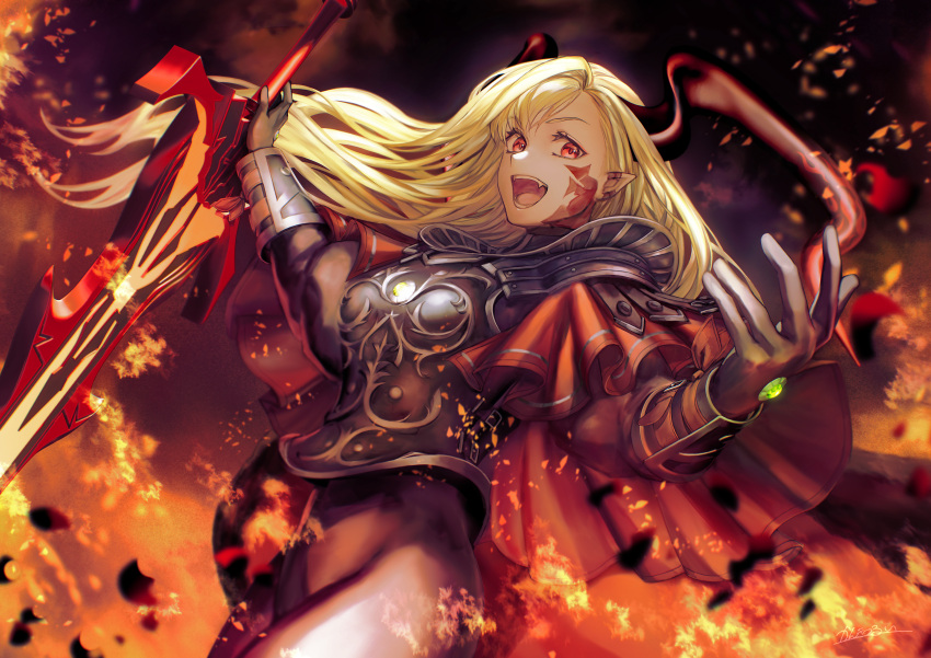 1girl absurdres arm_guards armor asymmetrical_bangs black_armor black_bodysuit black_gloves blonde_hair bodysuit breastplate breasts facial_mark fate/grand_order fate_(series) fire gloves greatsword hair_over_one_eye highres horns kankitsurui_(house_of_citrus) large_breasts long_hair looking_at_viewer nero_claudius_(fate) open_mouth pauldrons pointy_ears queen_draco_(fate) queen_draco_(third_ascension)_(fate) red_eyes shoulder_armor smile solo sword weapon