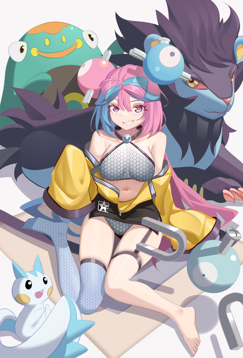 1girl absurdres bare_shoulders barefoot blue_hair breasts crop_top garter_straps grin halterneck highres iono_(pokemon) legs looking_at_viewer luai medium_breasts midriff multicolored_hair navel pink_hair pokemon pokemon_(creature) pokemon_(game) pokemon_sv single_thighhigh sitting smile split-color_hair thigh_gap thigh_strap thighhighs toes two-tone_hair