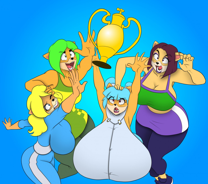 activision ami_bandicoot anthro award big_breasts breasts crash_bandicoot_(series) crash_team_racing_(series) crash_team_racing_nitro-fueled female female/female fur group huge_breasts isabella_bandicoot liz_bandicoot marauder6272 megumi_bandicoot trophy