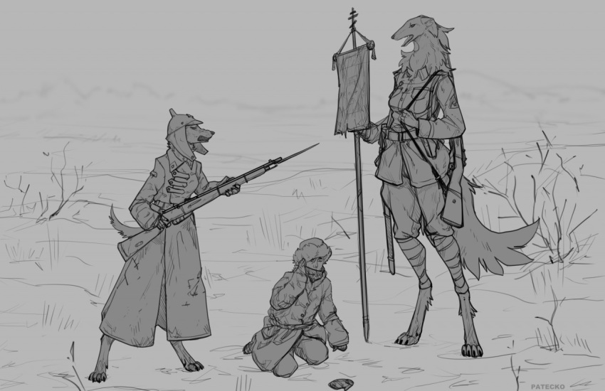 anthro bandage bandaged_legs banner battlefield bayonet canid canine canis clothing coat domestic_dog female group gun human humanoid knife male mammal military military_uniform patecko ranged_weapon rifle rifle_sling topwear trio uniform war weapon