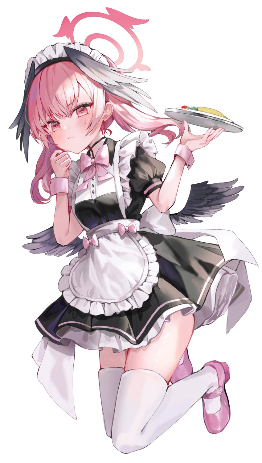 1girl absurdres alternate_costume apron ass black_dress black_wings blue_archive blush closed_mouth commentary_request dress enmaided frilled_apron frills full_body hair_between_eyes halo head_wings highres holding holding_tray koharu_(blue_archive) long_hair maid maid_apron maid_headdress pink_eyes pink_footwear pink_hair pink_halo puffy_short_sleeves puffy_sleeves revision ri_yonn shoes short_sleeves simple_background solo thighhighs tray twintails waist_apron white_apron white_background white_thighhighs wings wrist_cuffs