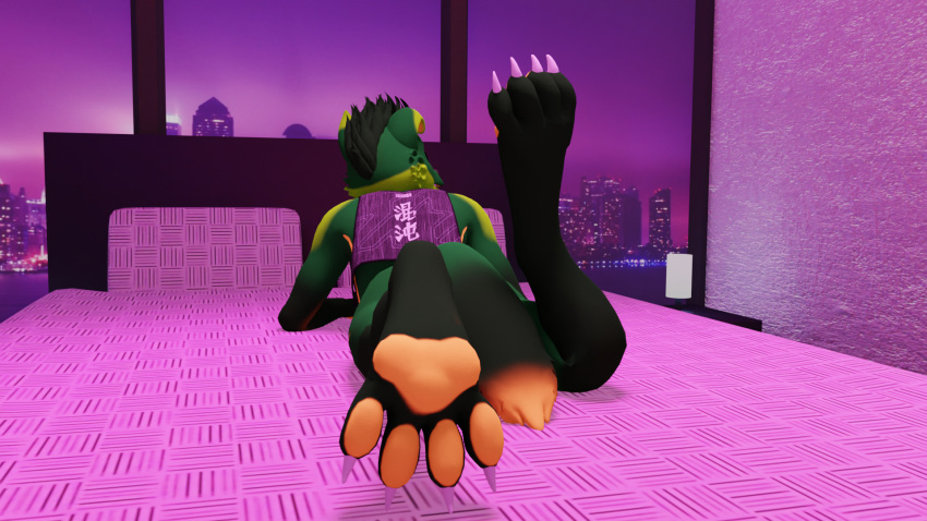 anthro butt canid canine canis chaos_canine feet fur green_body green_fur green_hair hair hi_res lance_barrowpaw lance_the_lich lich lying male mammal on_front pawpads paws solo solo_focus spread_toes tail teasing toes undead wolf