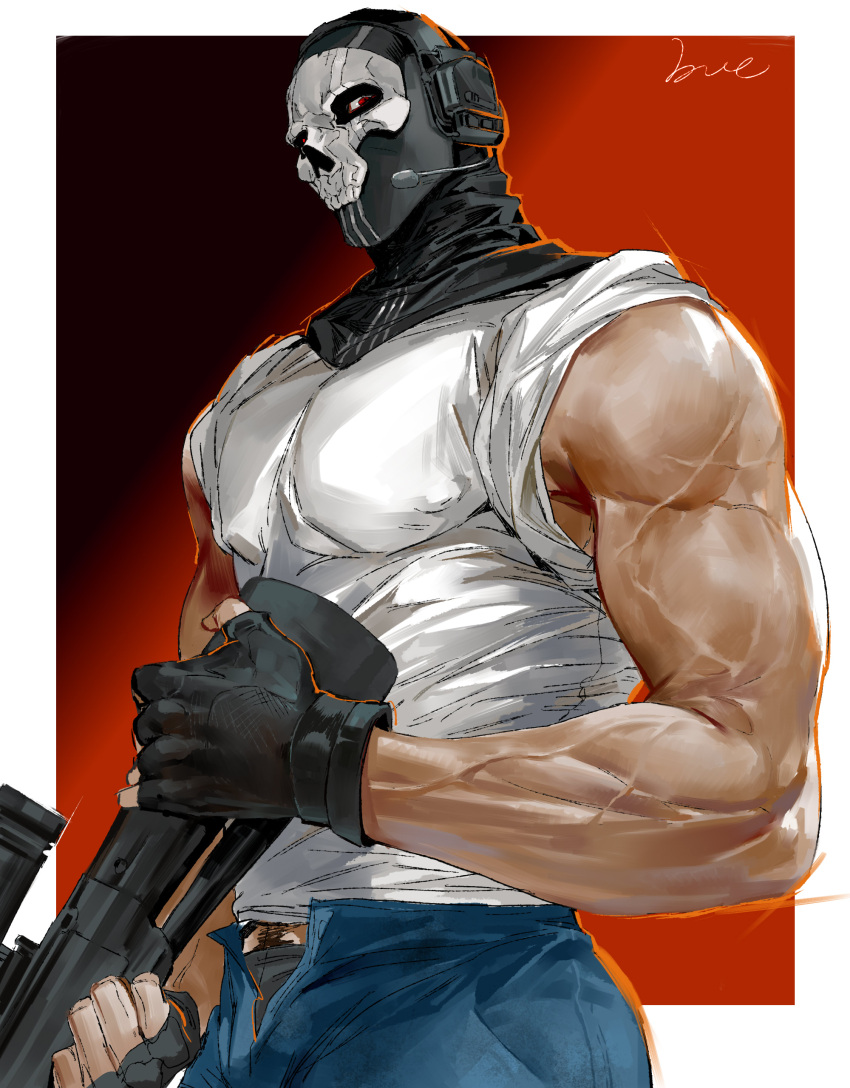 1boy absurdres artist_name black_gloves blue_pants bue_june call_of_duty call_of_duty:_modern_warfare_2 fingerless_gloves ghost_(modern_warfare_2) gloves gun highres holding holding_gun holding_weapon large_pectorals male_focus male_underwear male_underwear_peek mask muscular muscular_male open_pants pants pectorals skull_mask solo tank_top underwear weapon white_tank_top