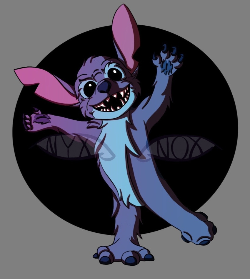 2023 4_fingers 4_toes alien ambiguous_gender anthro biped black_eyes blue_body blue_claws blue_fur blue_nose blue_pawpads cel_shading claws digital_drawing_(artwork) digital_media_(artwork) disney experiment_(lilo_and_stitch) feet fingers fur hi_res lilo_and_stitch looking_at_viewer male_(lore) notched_ear nyx-and-nox open_mouth open_smile pawpads shaded sharp_teeth simple_background smile solo stitch_(lilo_and_stitch) teeth toes watermark