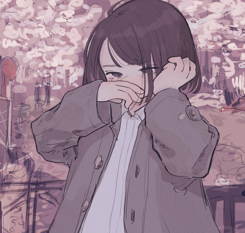 1girl absurdres blush brown_eyes brown_hair closed_mouth collared_shirt commentary_request crying grey_jacket highres jacket long_sleeves original outdoors rubbing_eyes shirt sleeves_past_wrists solo tears upper_body white_shirt wiping_tears yunoki_itsugu